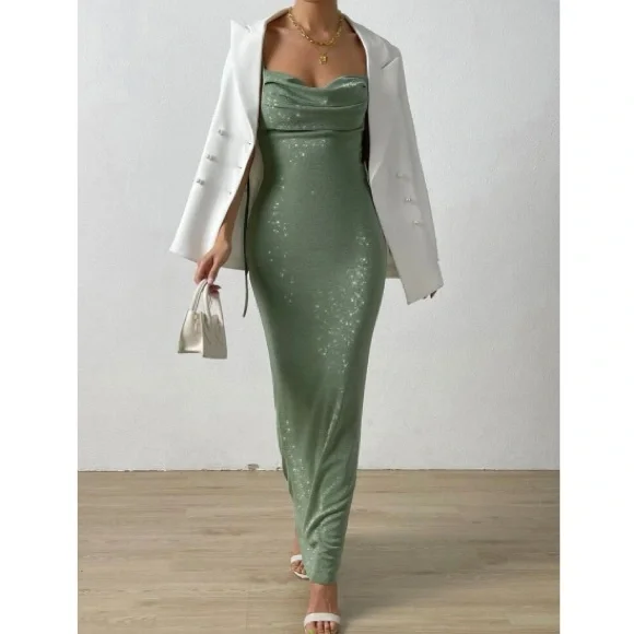 Luxe knot shoulder backless bodycon formal party evening dress - Picture 7 of 7